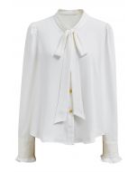 Self-Tie Bowknot Tweed Spliced Shirt in White