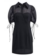 Drawstring Sleeve Collared Spliced Mini Dress in Black