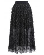 Abstract Metallic Tiered Mesh Midi Skirt in Black