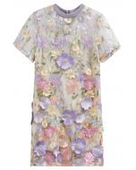 3D Floral Applique Sheer Mesh Cover-Up Dress in Lavender