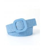 Square Buckle Woven Straw Belt in Blue