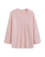 Fluffy V-Neck Knit Sweater in Light Pink